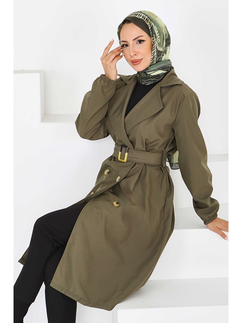 Düğmeli Kuşaklı Miranda Trençkot Haki - 27614-1