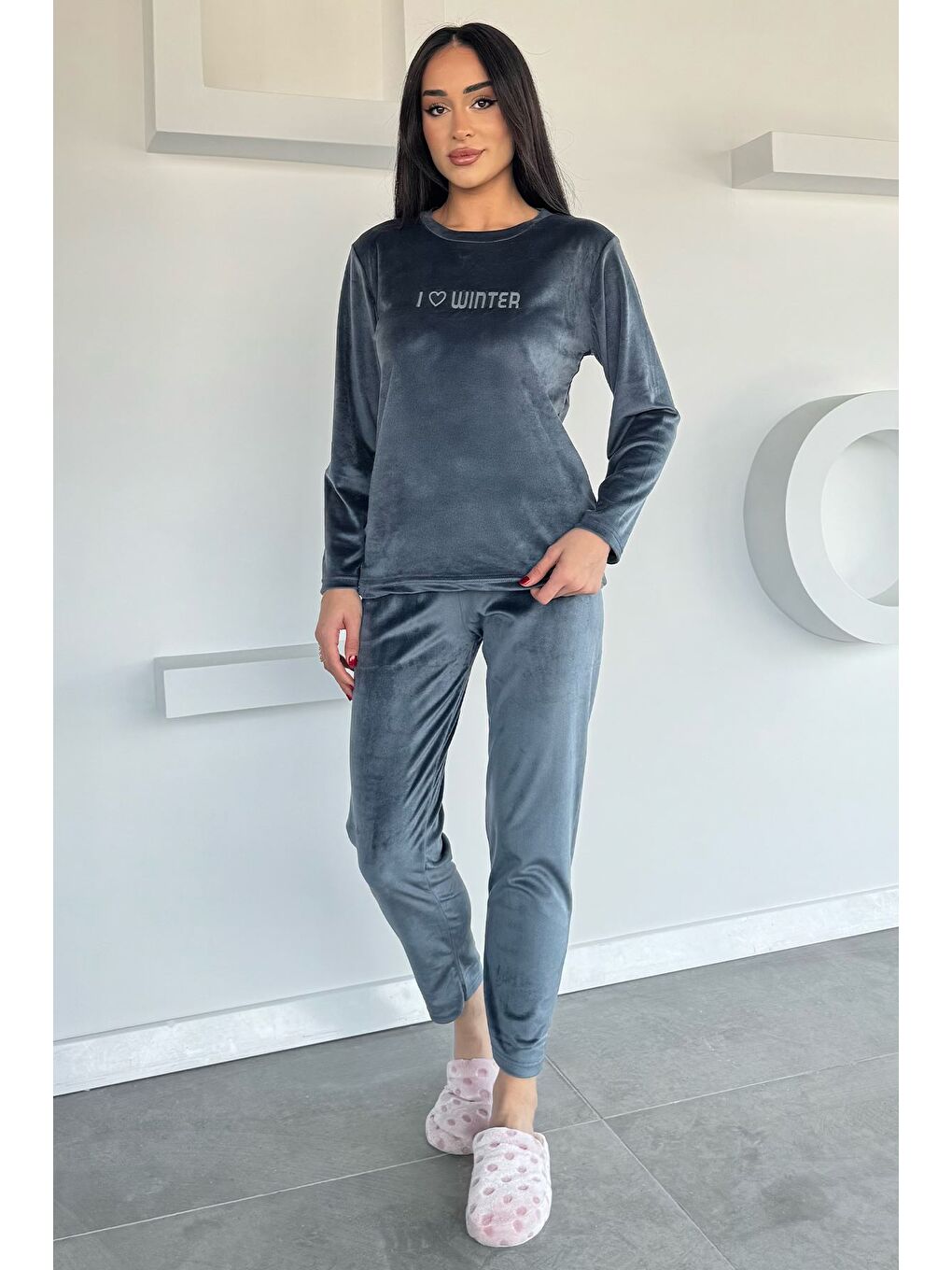 Gri Kadın Kadife Sweat Pantolon İkili Takım-2