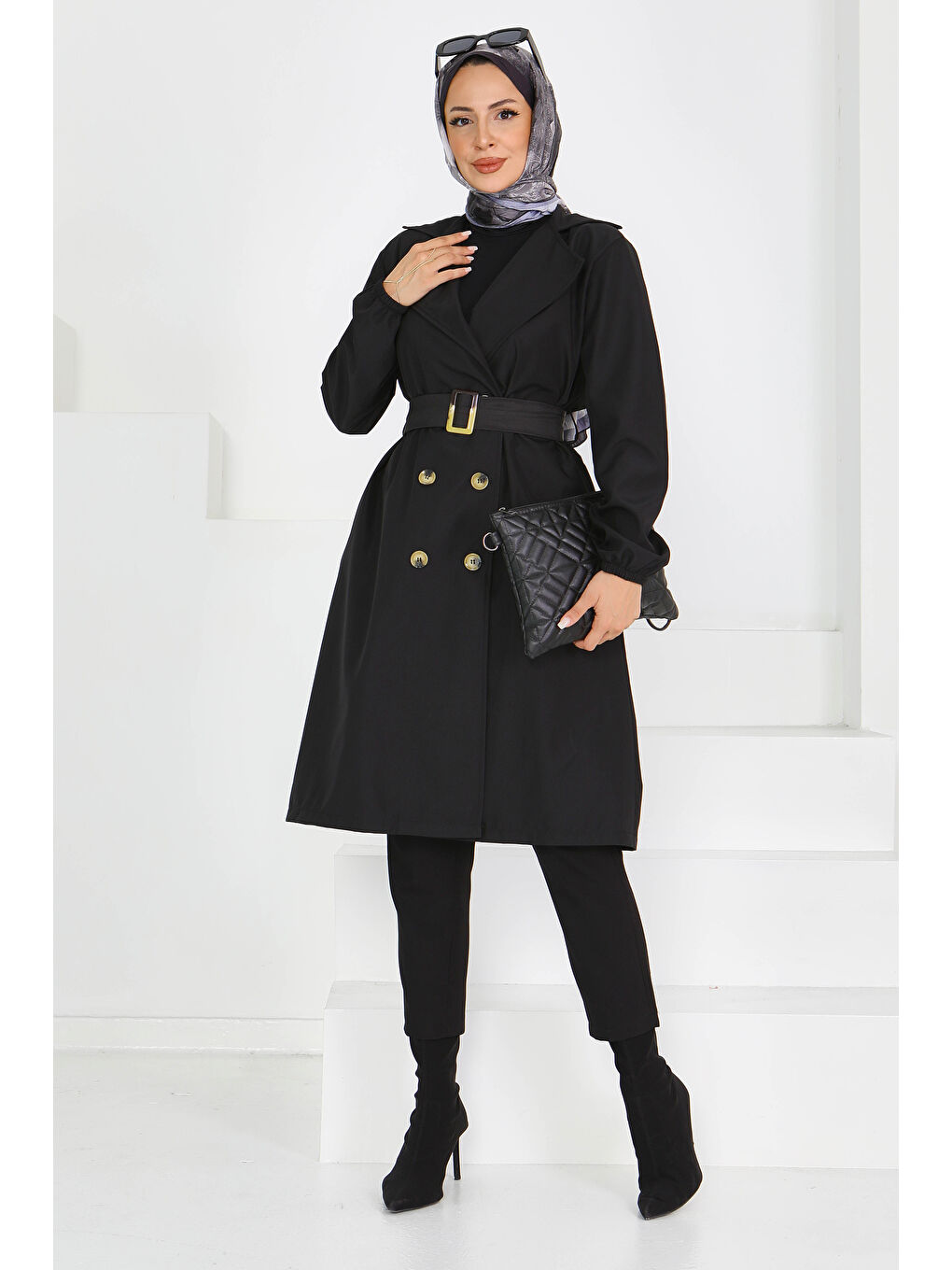Düğmeli Kuşaklı Miranda Trençkot Siyah - 27614-4