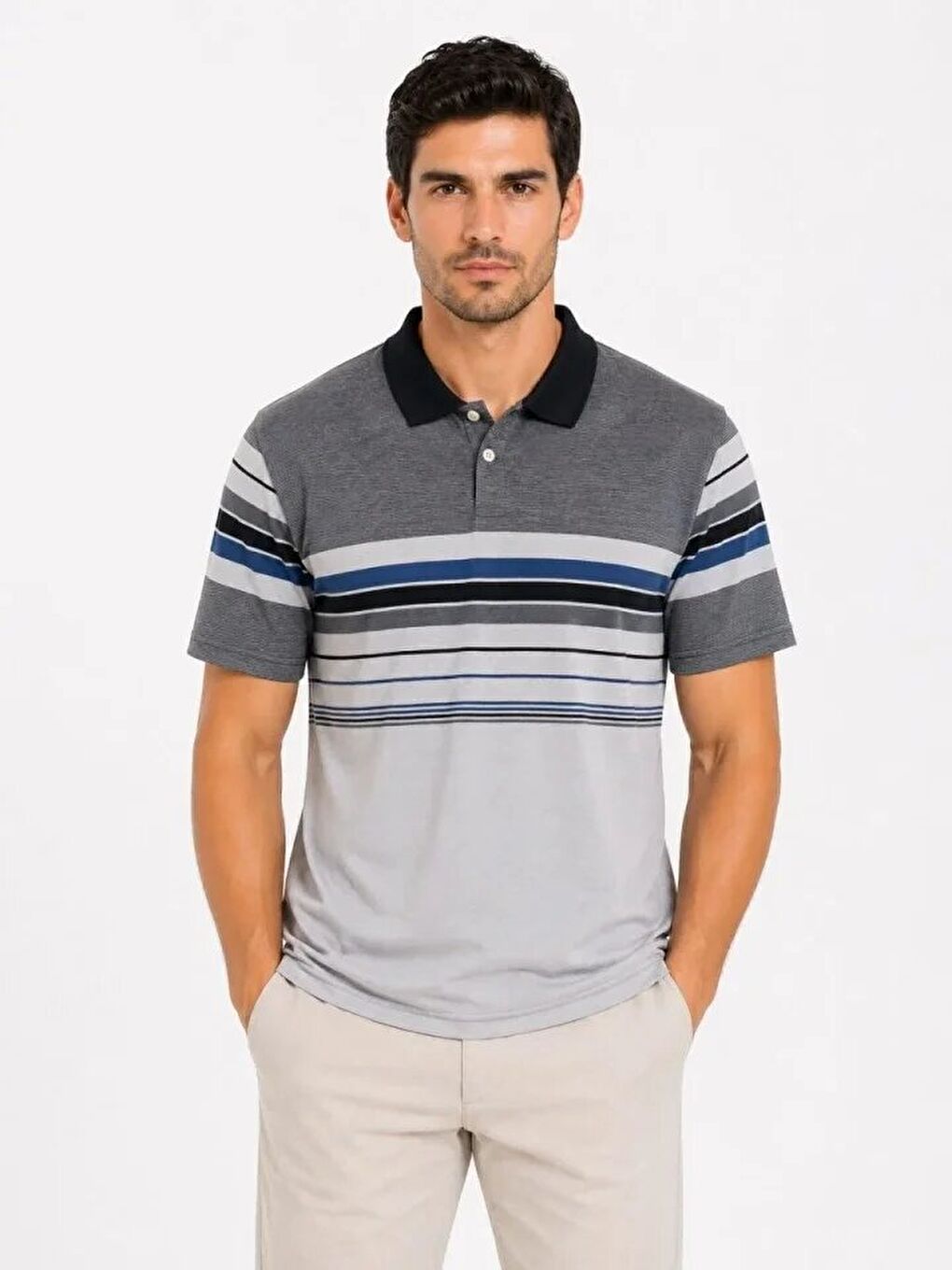 Erkek Flamlı Penye Çizgili Polo Yaka Tişört Kısa Kol Yazlık T-Shirt - Gri-1