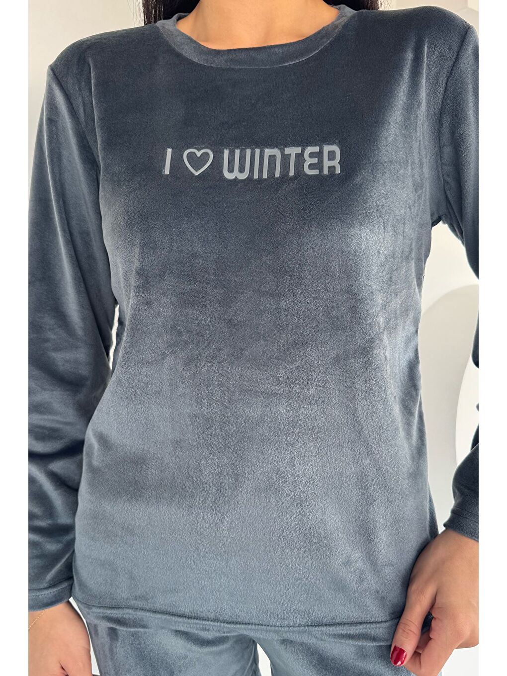 Gri Kadın Kadife Sweat Pantolon İkili Takım-3