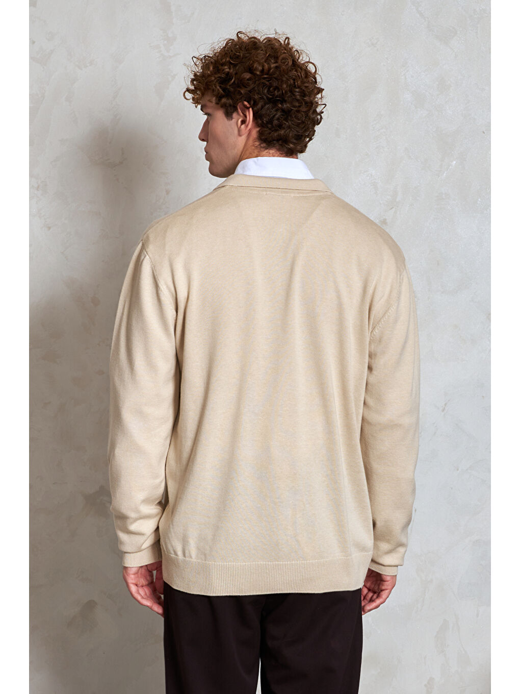 Ekru Erkek Pamuklu Polo Yaka Oversize Triko Kazak-5