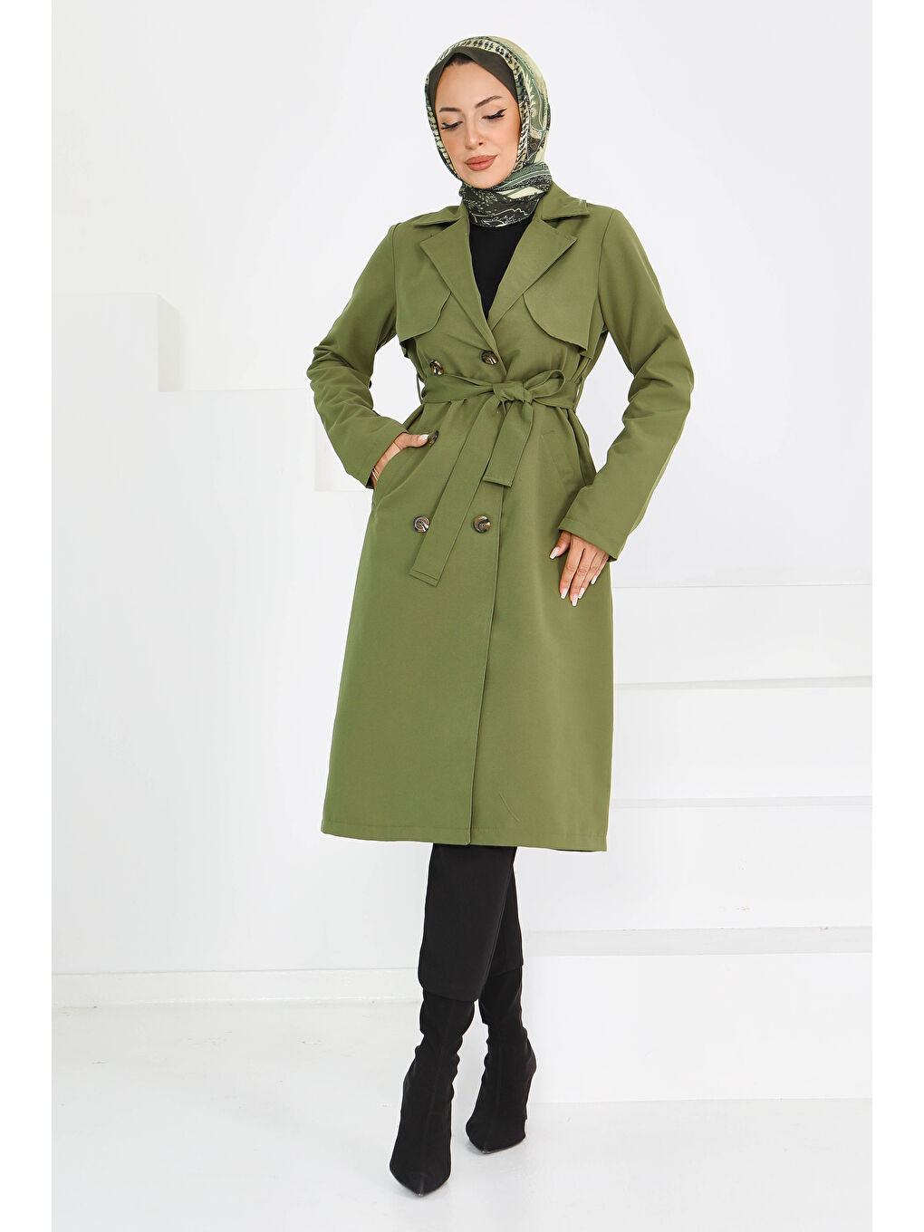 Düğmeli Kuşaklı Miranda Trençkot Haki - 27605-4