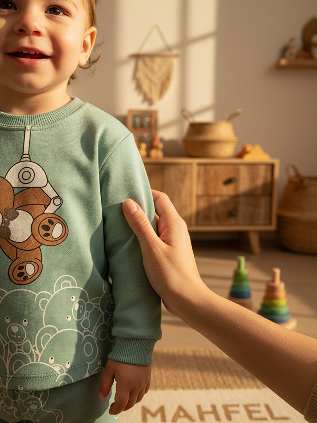 %100 Pamuklu Yeşil Ayıcıklı Çocuk Pijama Takımı 1-6 Yaş-2