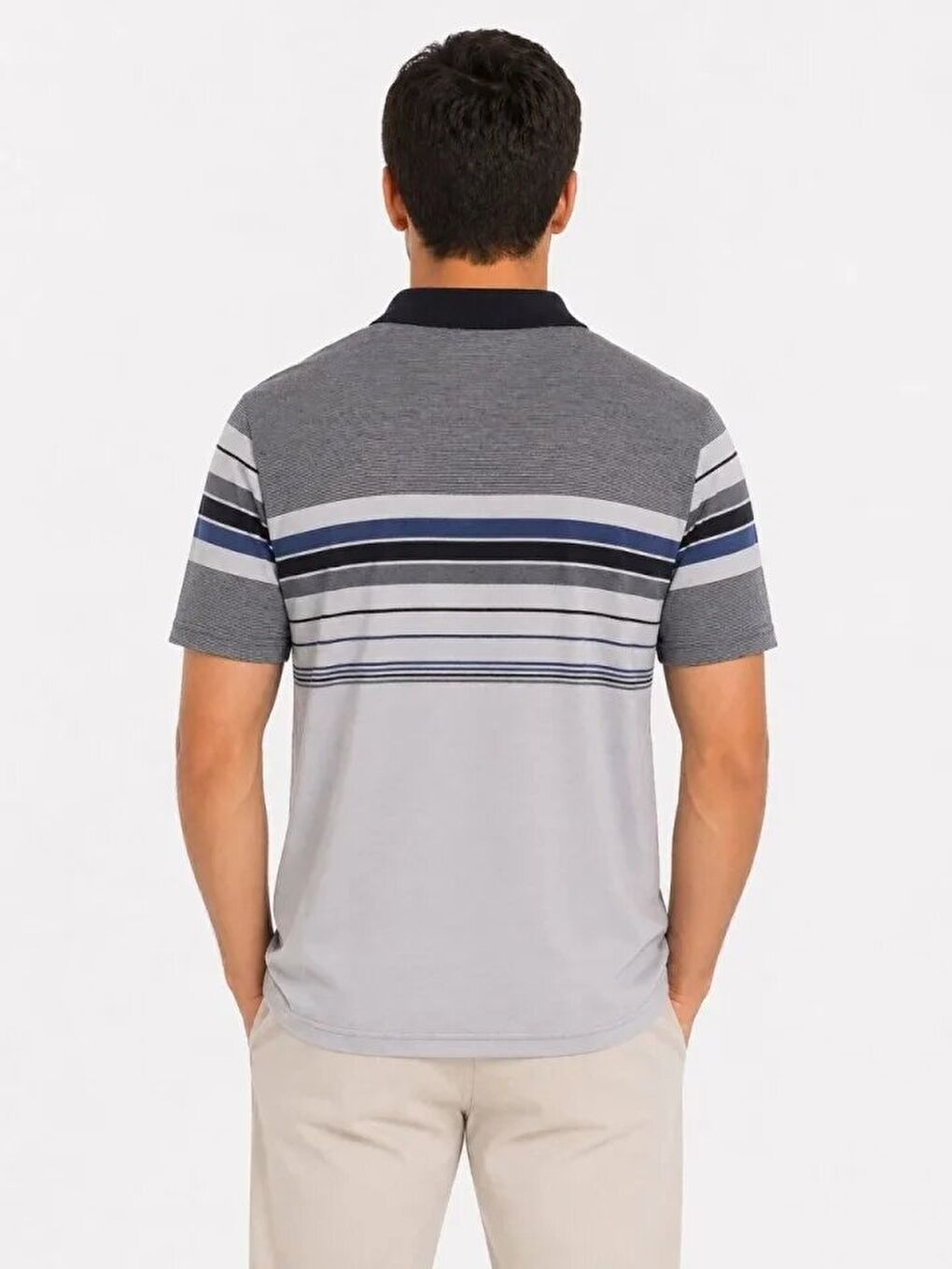 Erkek Flamlı Penye Çizgili Polo Yaka Tişört Kısa Kol Yazlık T-Shirt - Gri-2
