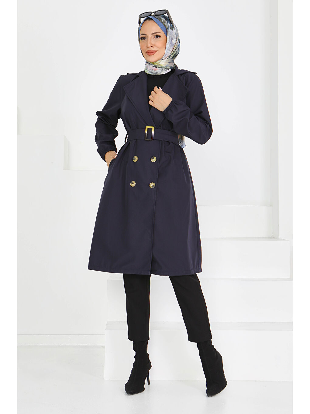 Düğmeli Kuşaklı Miranda Trençkot Lacivert - 27614-3
