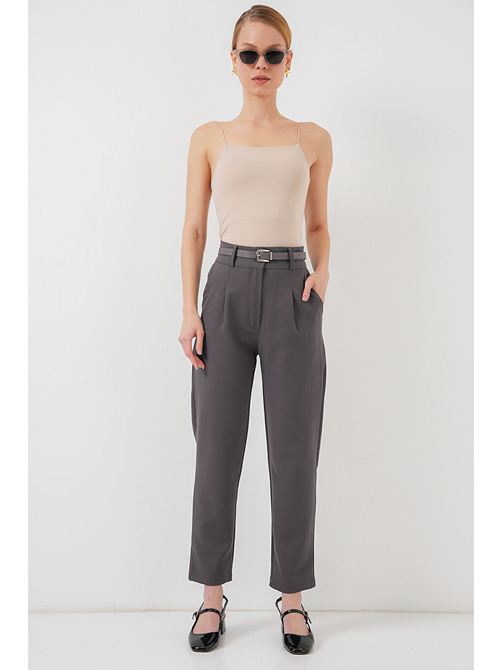 Kadın Pileli Kemerli Kumaş Pantolon 6725 - Antrasit