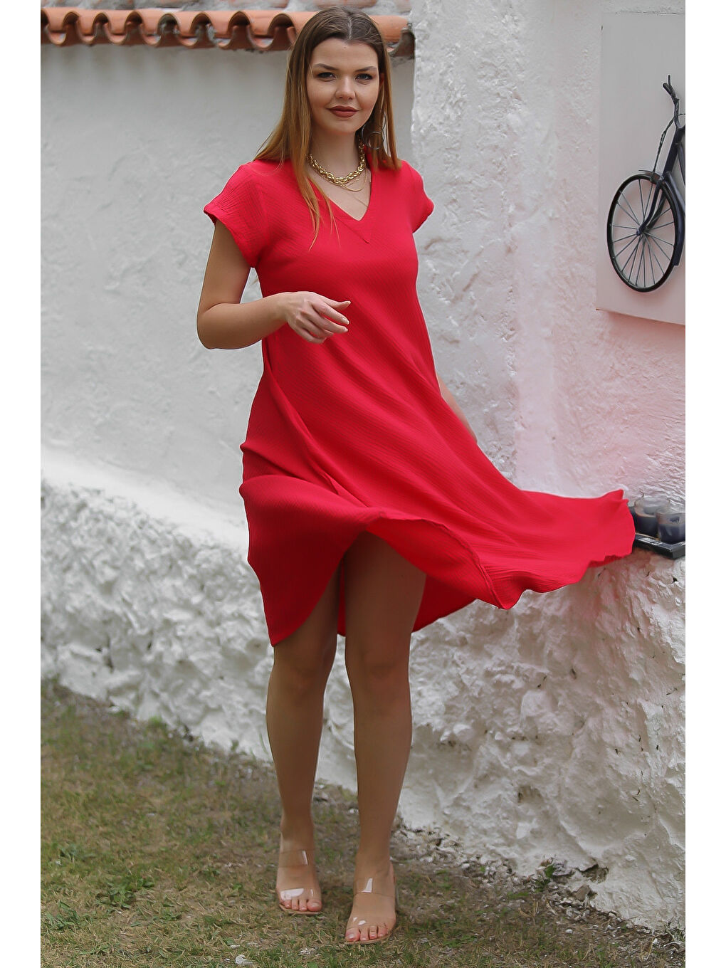 Organik Pamuk Kırmızı V Yaka Düşük Kol Oval Etekli Midi Boy Dokuma Casual Müslin Elbise-5