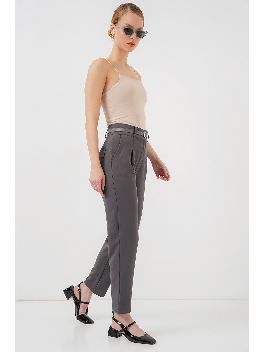 Kadın Pileli Kemerli Kumaş Pantolon 6725 - Antrasit-2