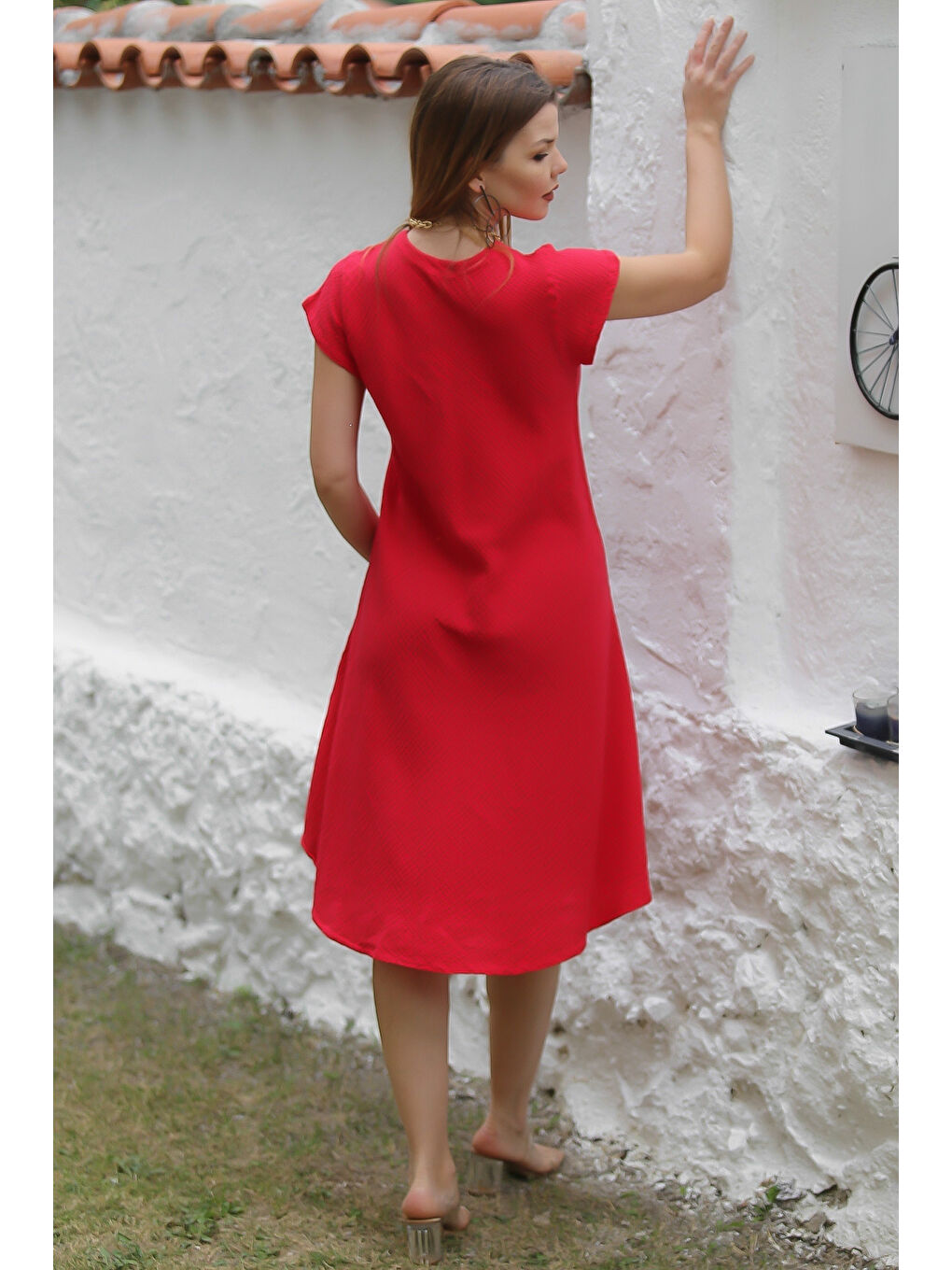 Organik Pamuk Kırmızı V Yaka Düşük Kol Oval Etekli Midi Boy Dokuma Casual Müslin Elbise-6