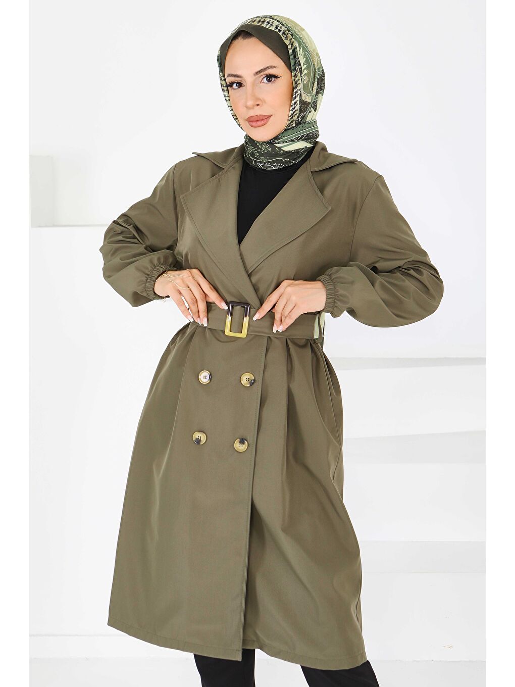 Düğmeli Kuşaklı Miranda Trençkot Haki - 27614-2