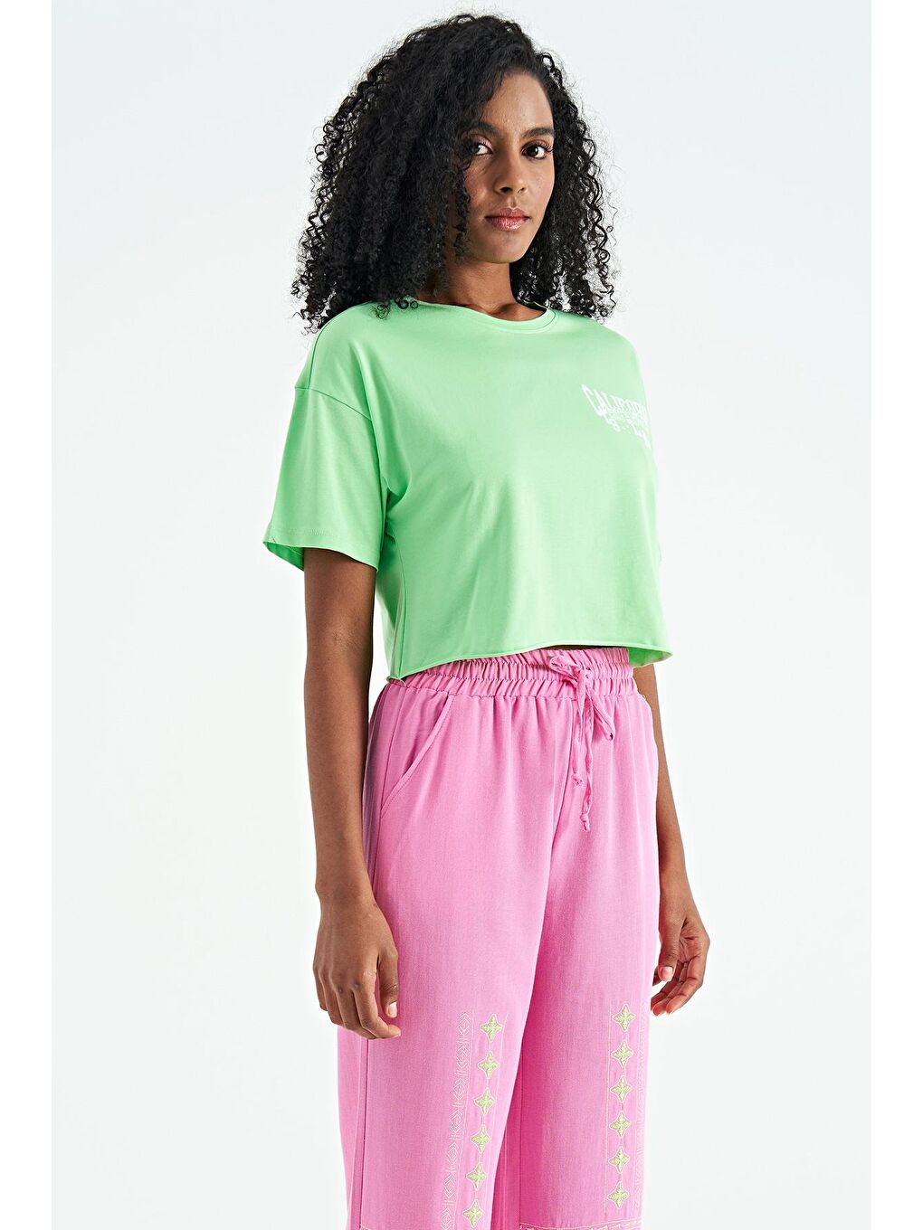 Veryperi Neonyeşil-Yeşil Neon Yeşil Baskılı Düşük Kol Detaylı Oversize Kadın Crop T-Shirt - 02179 - 3