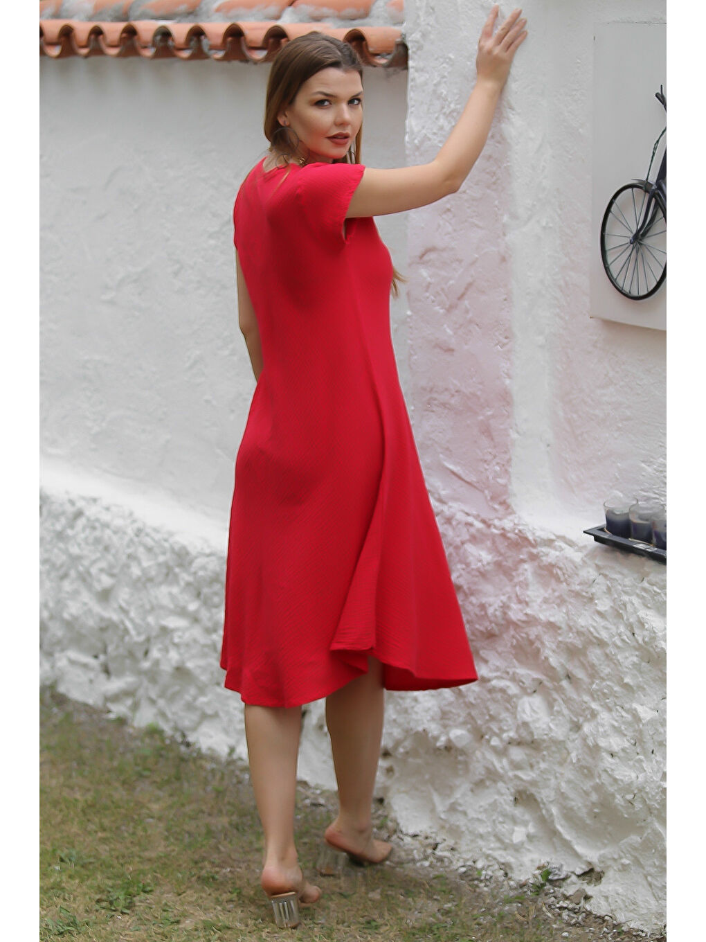 Organik Pamuk Kırmızı V Yaka Düşük Kol Oval Etekli Midi Boy Dokuma Casual Müslin Elbise-7
