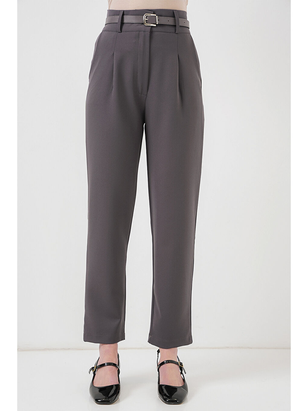 Kadın Pileli Kemerli Kumaş Pantolon 6725 - Antrasit-3