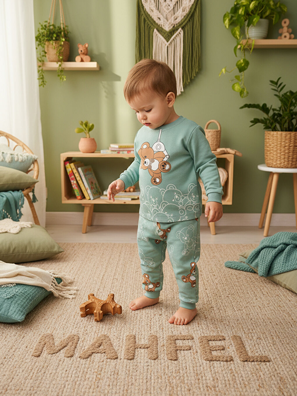 %100 Pamuklu Yeşil Ayıcıklı Çocuk Pijama Takımı 1-6 Yaş-3