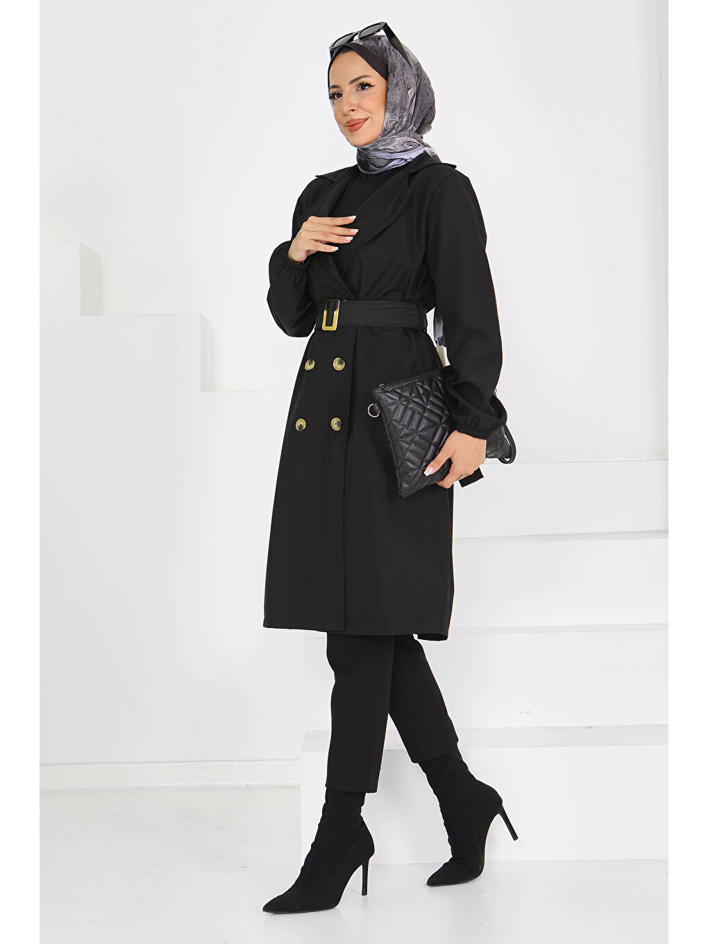 Düğmeli Kuşaklı Miranda Trençkot Siyah - 27614-5