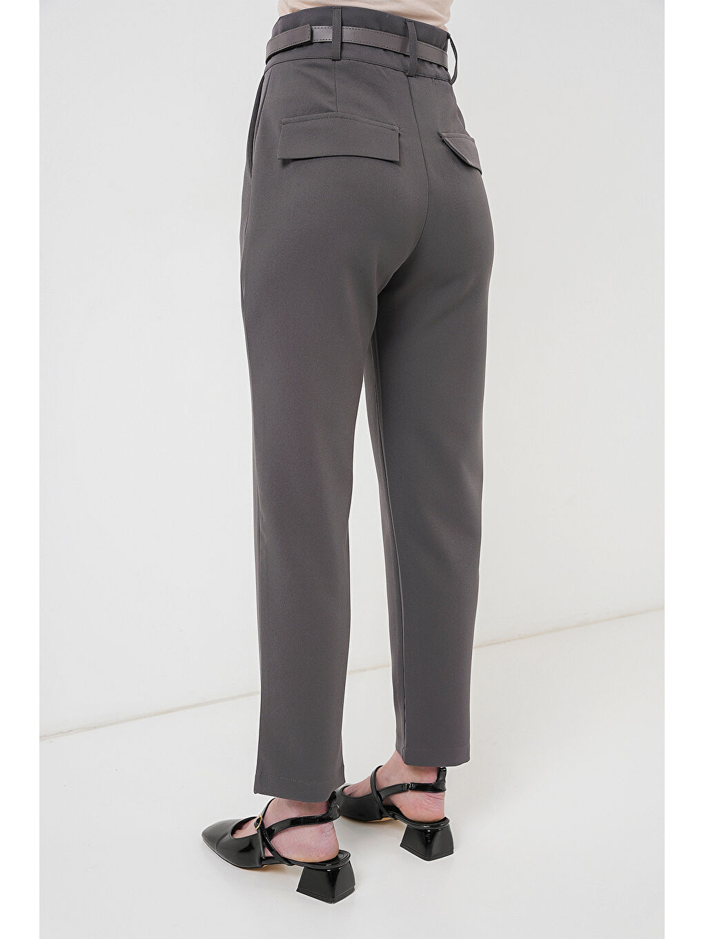 Kadın Pileli Kemerli Kumaş Pantolon 6725 - Antrasit-5
