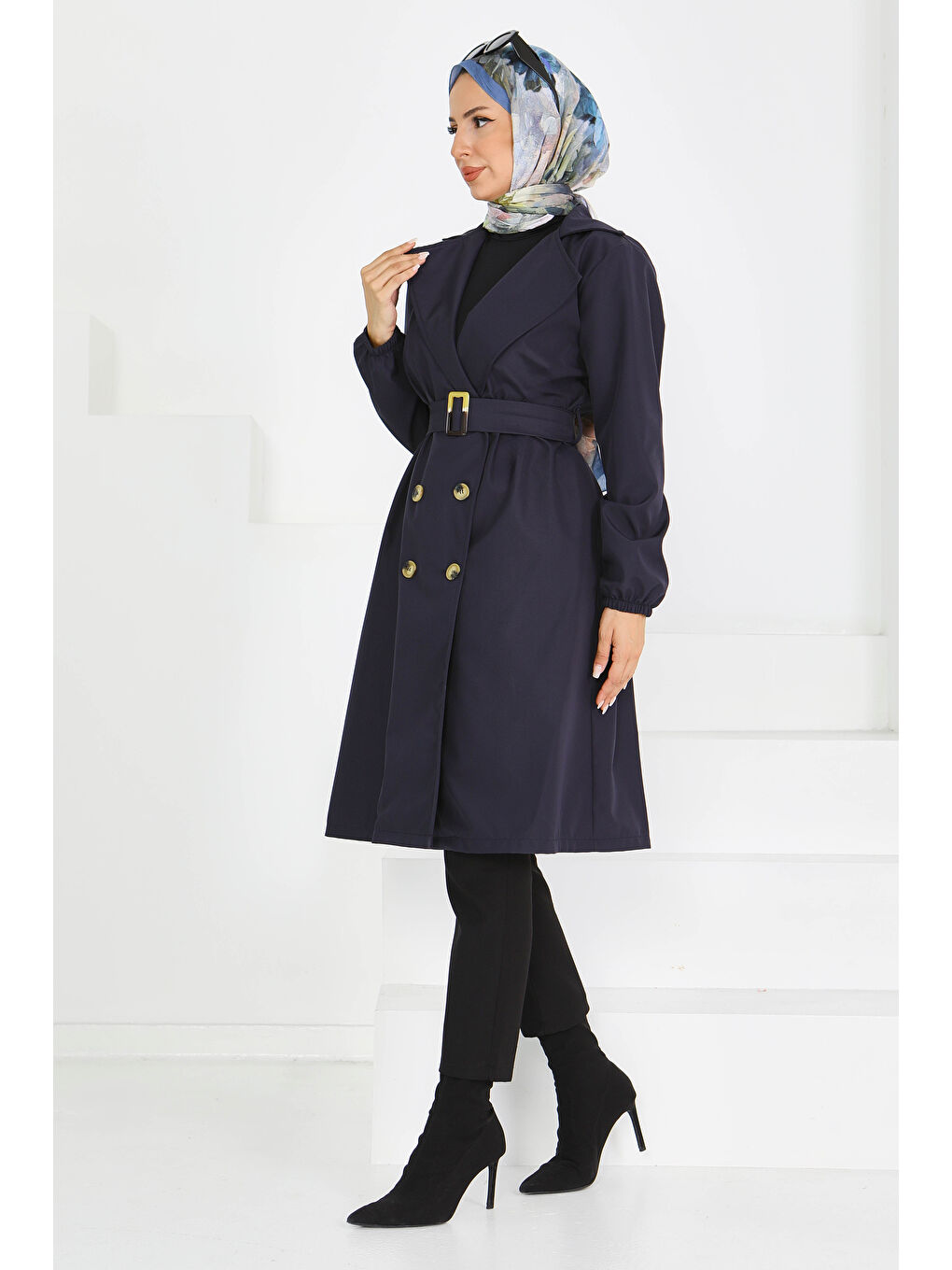Düğmeli Kuşaklı Miranda Trençkot Lacivert - 27614-4