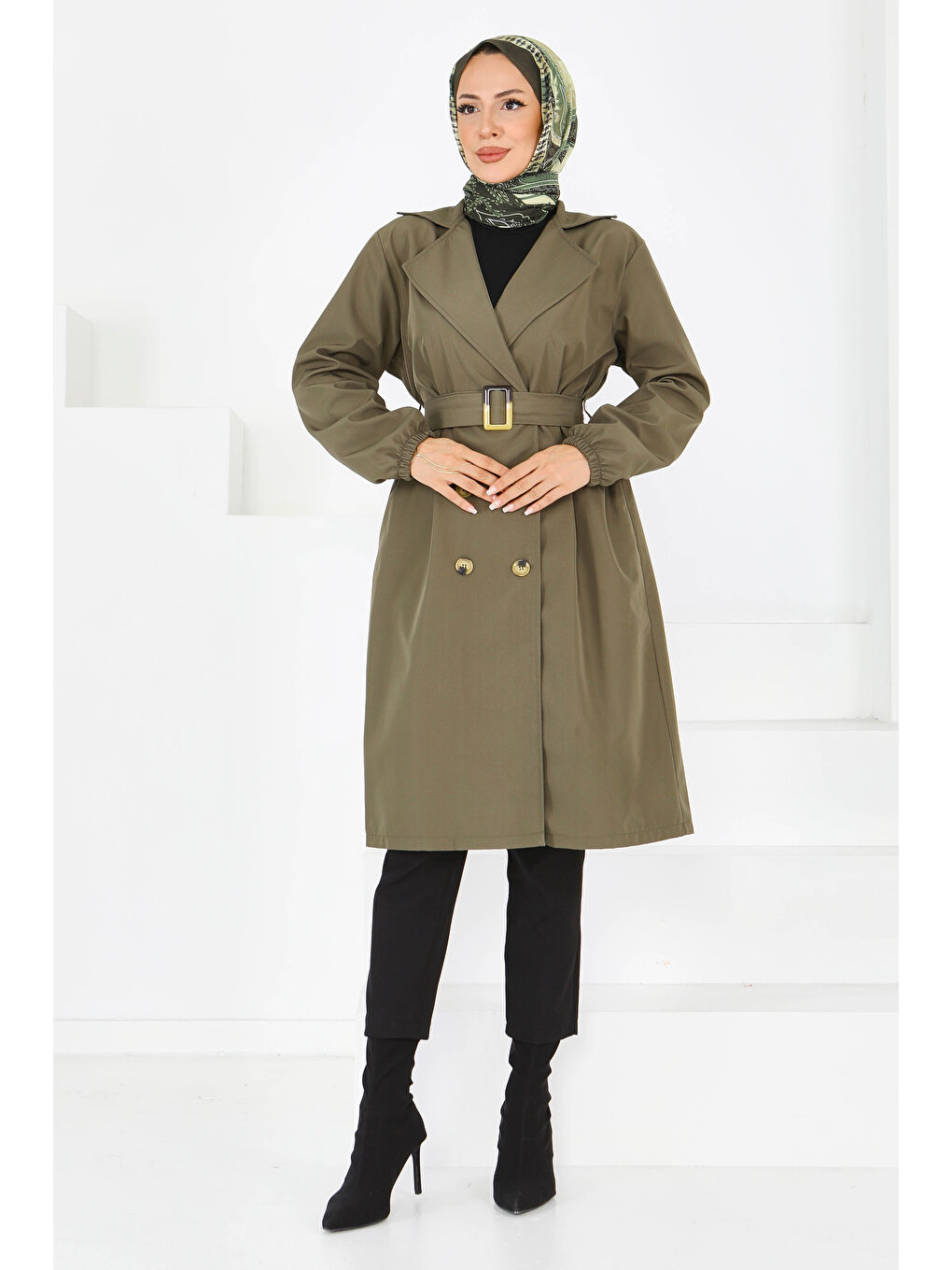 Düğmeli Kuşaklı Miranda Trençkot Haki - 27614-3