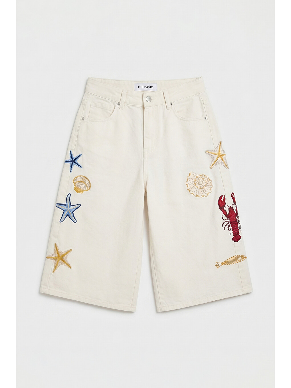 Kadın Kırık Beyaz 7s6-101 Palazzo Nakış Tasarım Bermuda Denim Jort