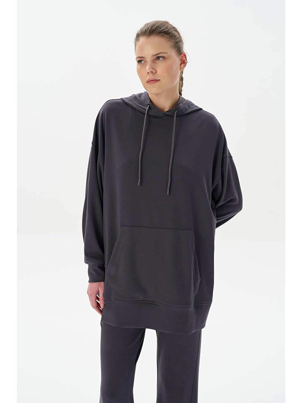 Gri Modal Örme Kapüşonlu Oversize Sweatshirt Füme