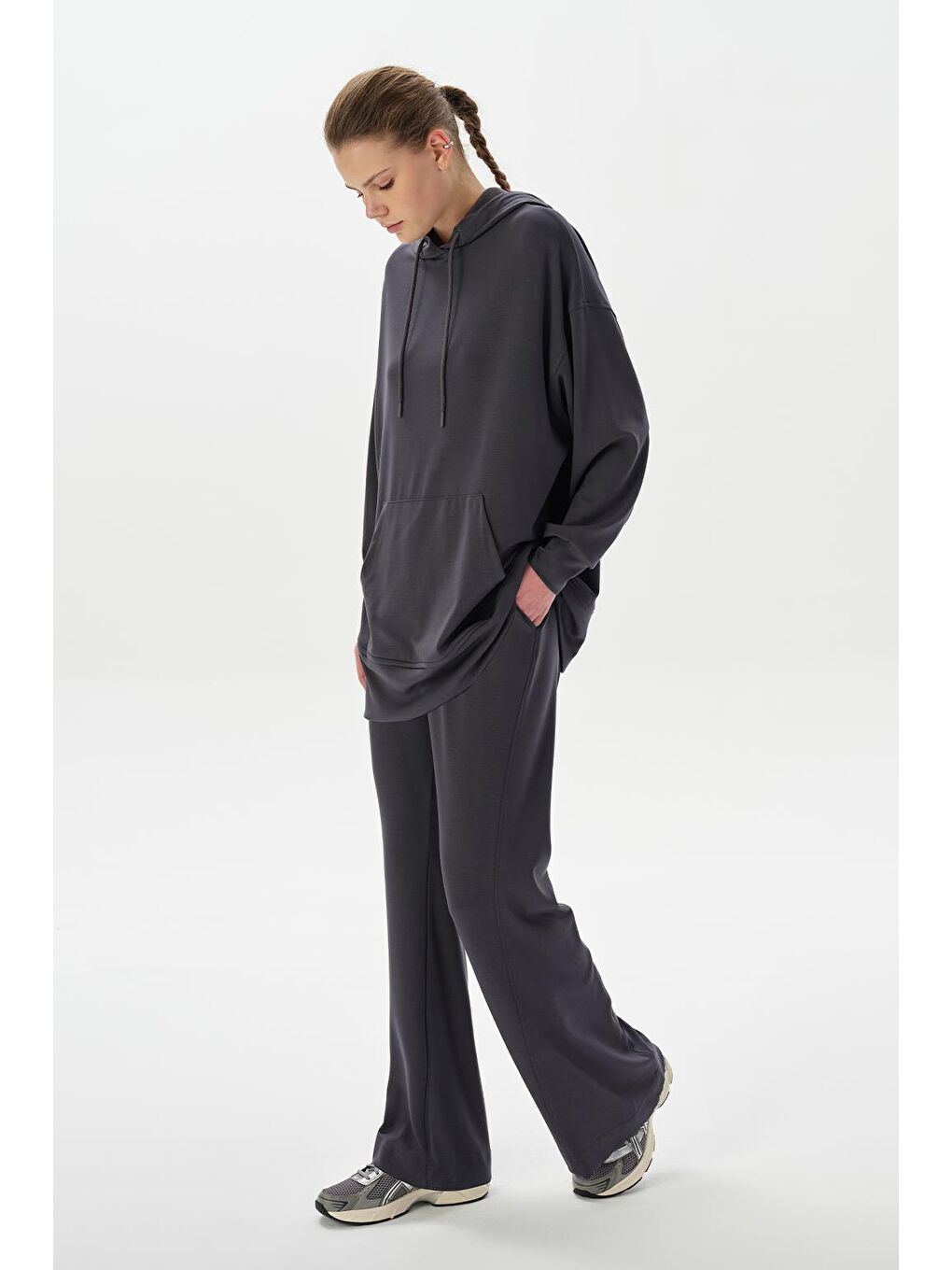 Gri Modal Örme Kapüşonlu Oversize Sweatshirt Füme-2