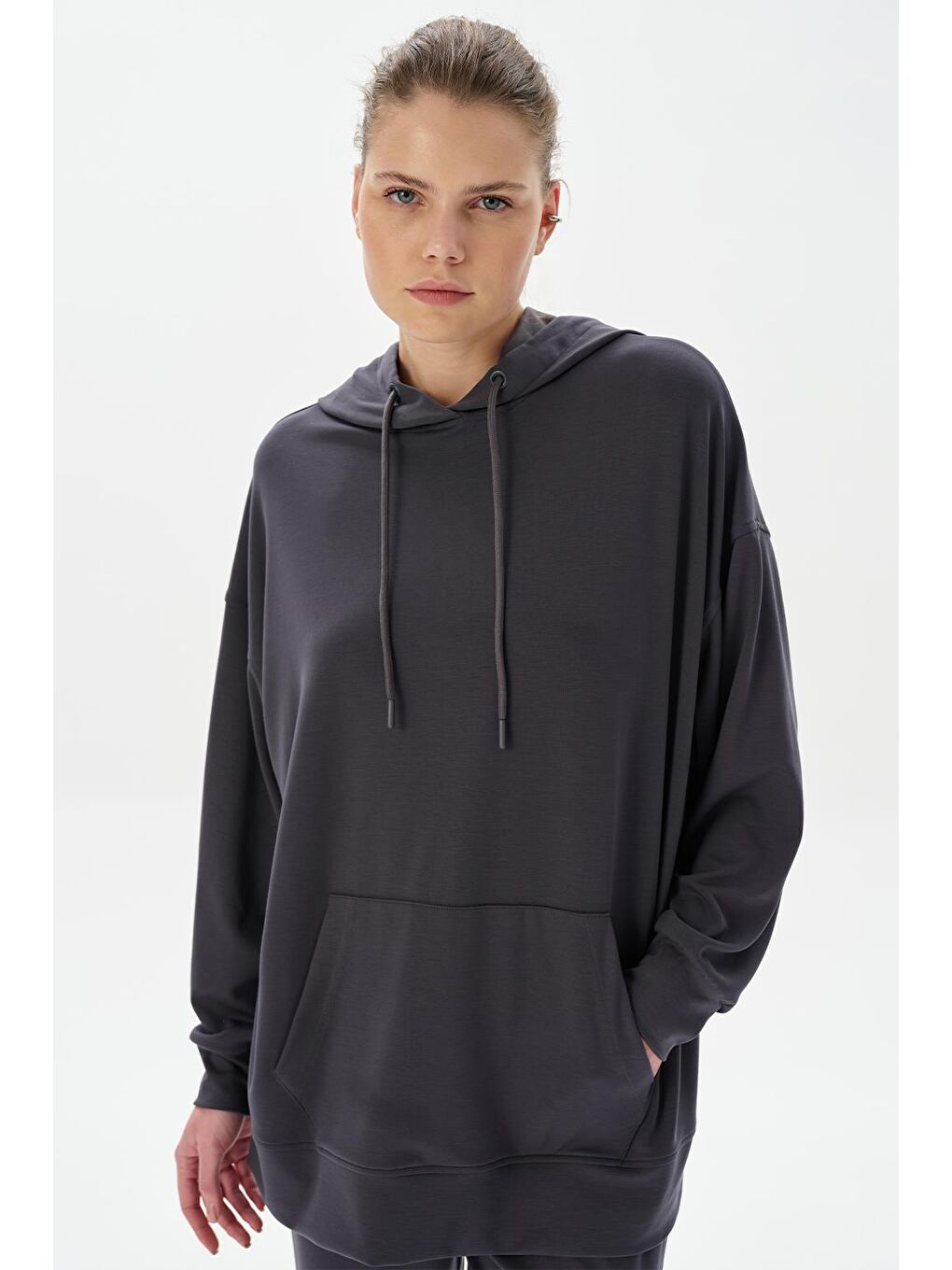 Gri Modal Örme Kapüşonlu Oversize Sweatshirt Füme-3