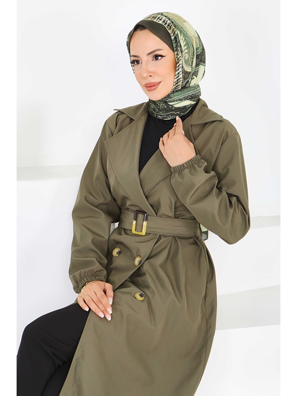 Düğmeli Kuşaklı Miranda Trençkot Haki - 27614-4