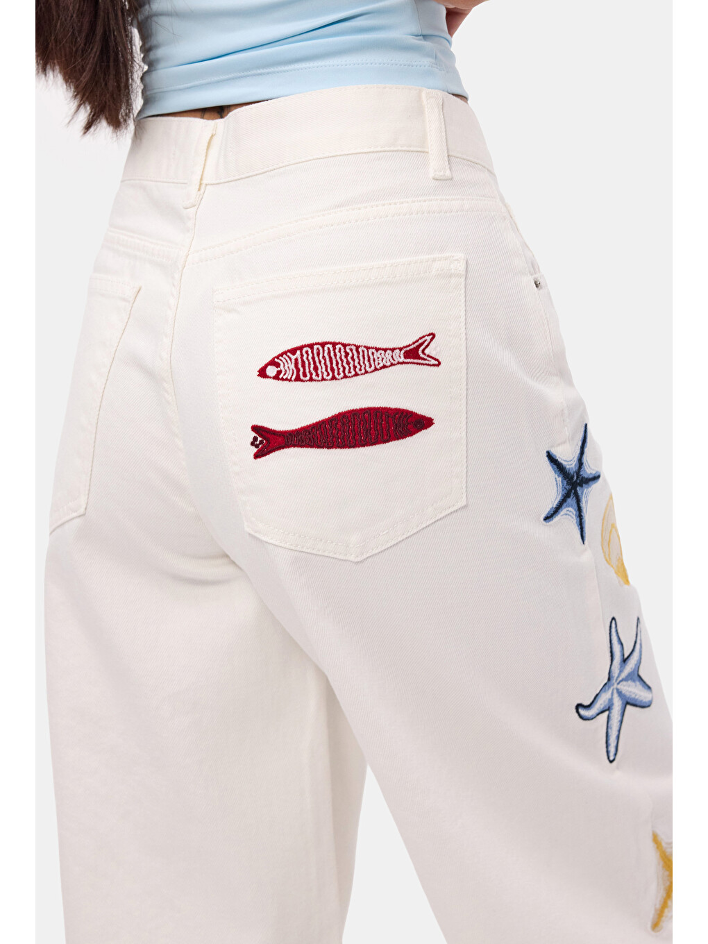 Kadın Kırık Beyaz 7s6-101 Palazzo Nakış Tasarım Bermuda Denim Jort-3