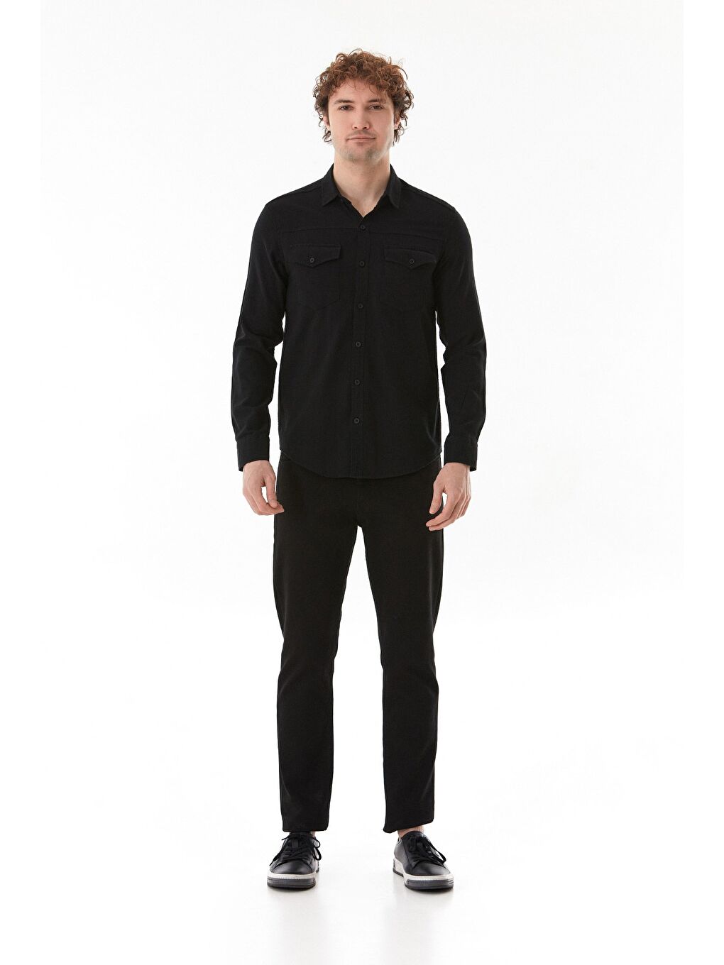 Siyah Çift Cepli Düğmeli Gömlek-1