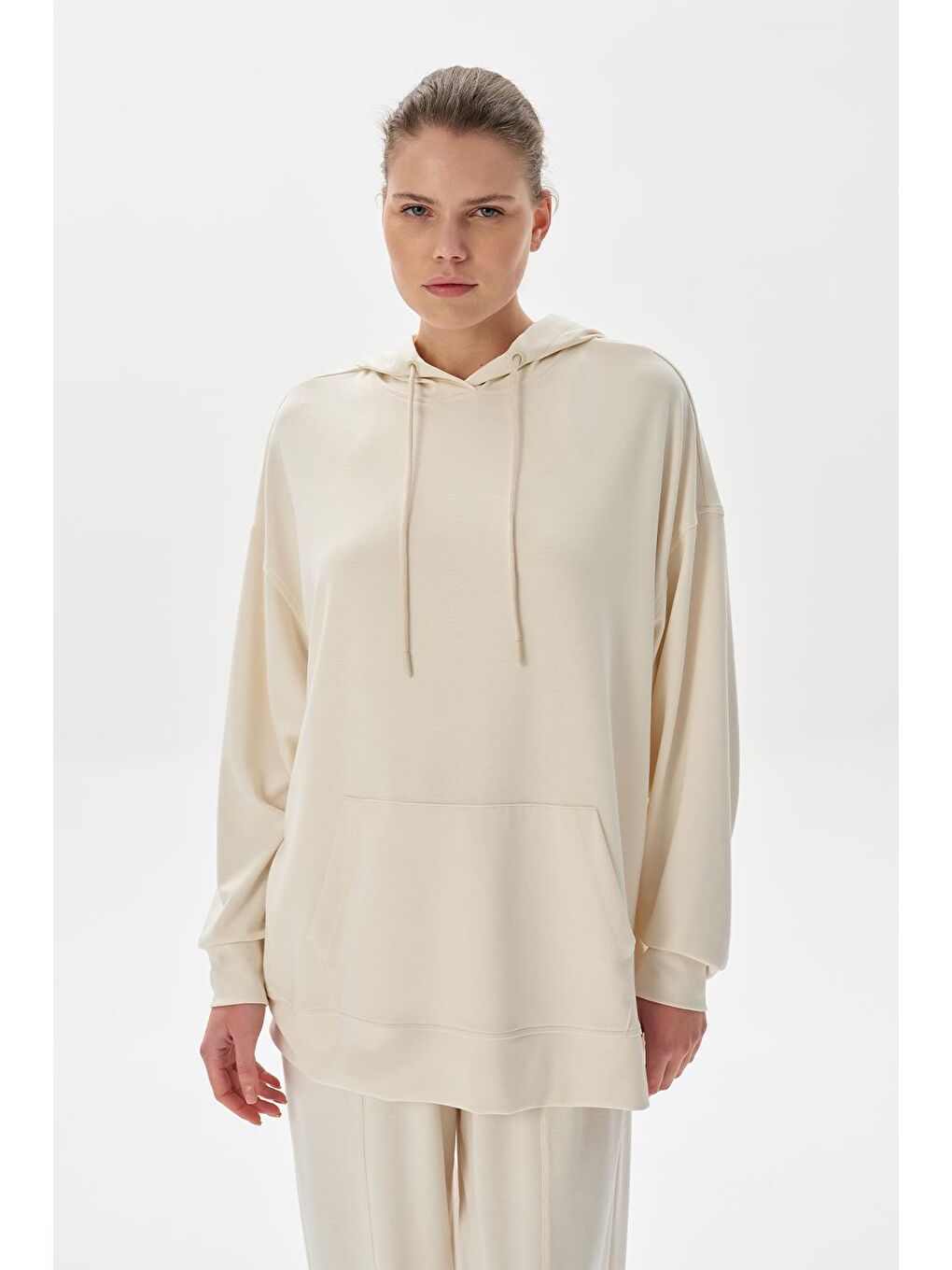 Modal Örme Kapüşonlu Oversize Sweatshirt Ekru