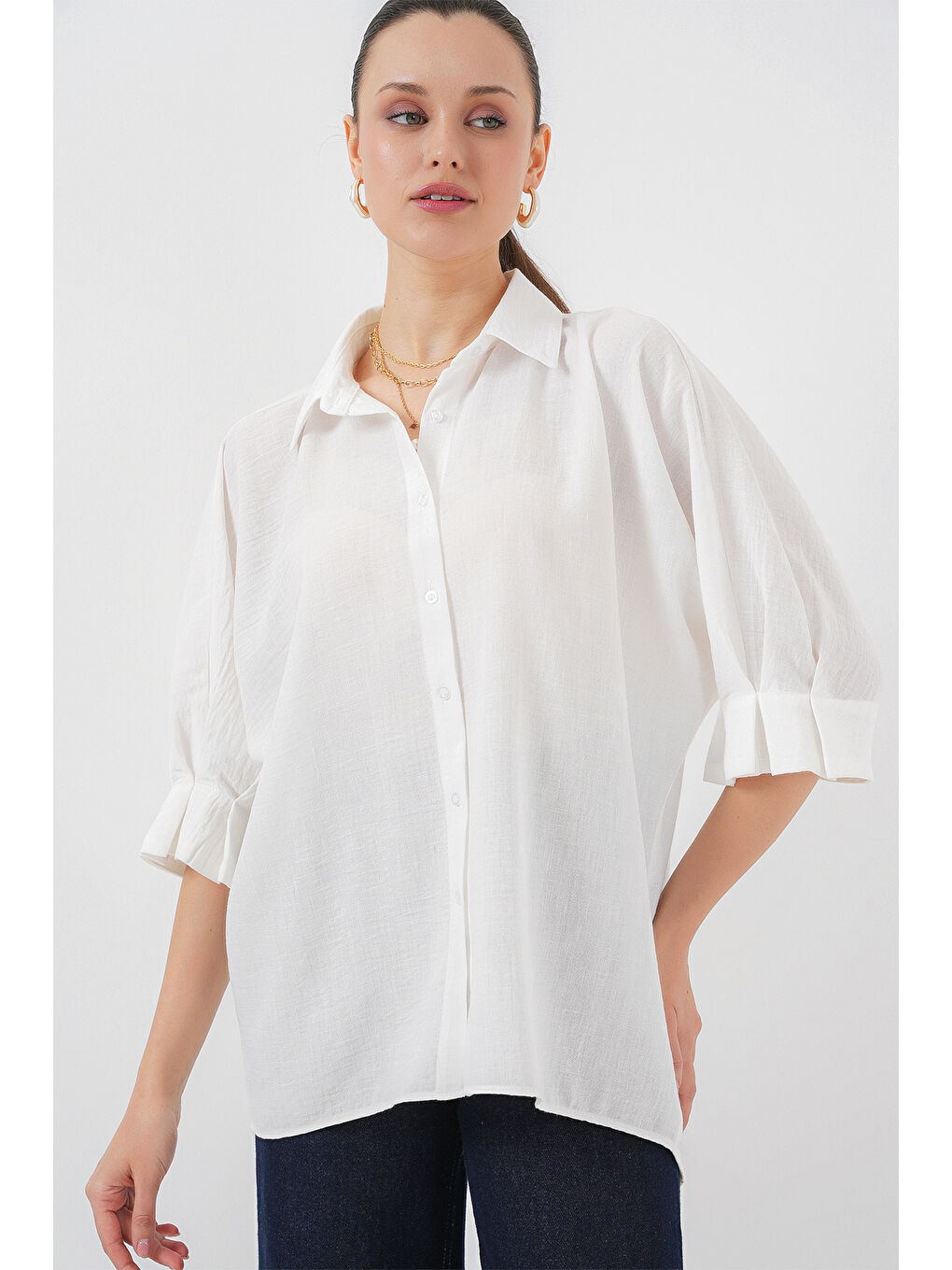 Kadın Bağlama Detaylı Ayrobin Gömlek 20290 - Beyaz-3