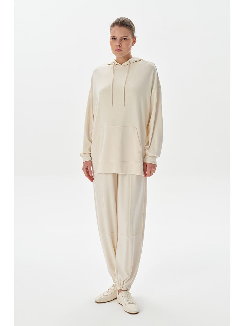 Modal Örme Kapüşonlu Oversize Sweatshirt Ekru-1