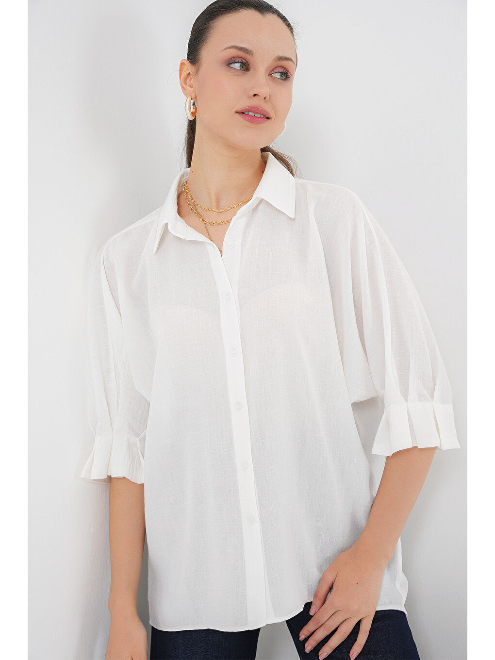 Kadın Bağlama Detaylı Ayrobin Gömlek 20290 - Beyaz-4