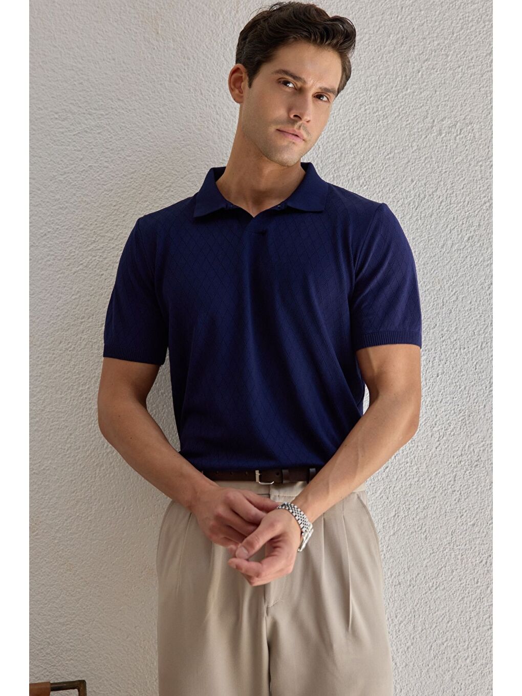 Lacivert Onor Erkek Kendinden Desenli Polo Yaka Triko Tişört Geniş Kalıp Hafif Doku
