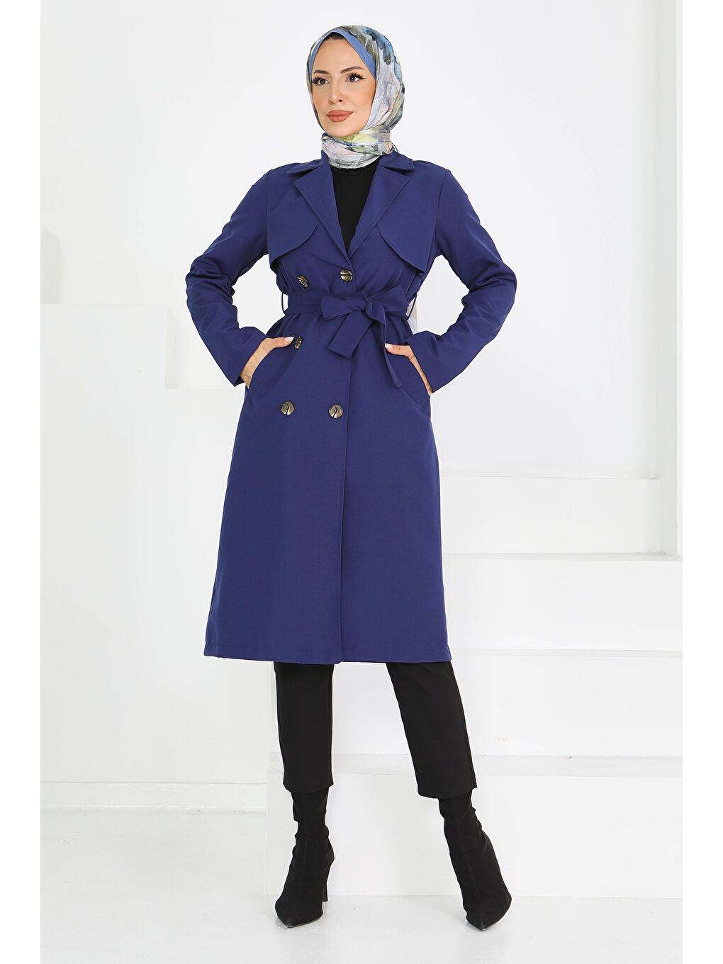 Düğmeli Kuşaklı Miranda Trençkot Lacivert - 27605