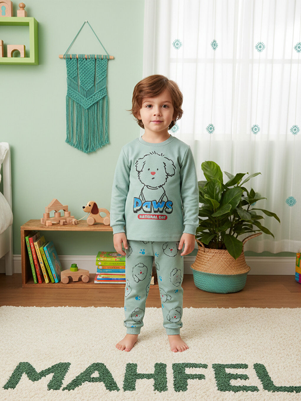 %100 Pamuklu Yeşil Köpekli Çocuk Pijama Takımı 1-6 Yaş-1