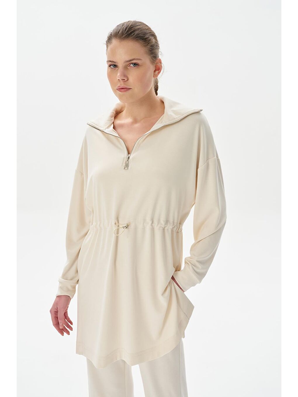 Modal Örme Fermuarlı Sweatshirt Ekru