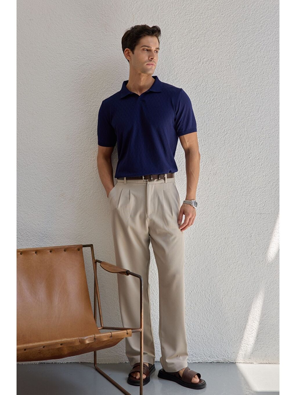 Lacivert Onor Erkek Kendinden Desenli Polo Yaka Triko Tişört Geniş Kalıp Hafif Doku-1