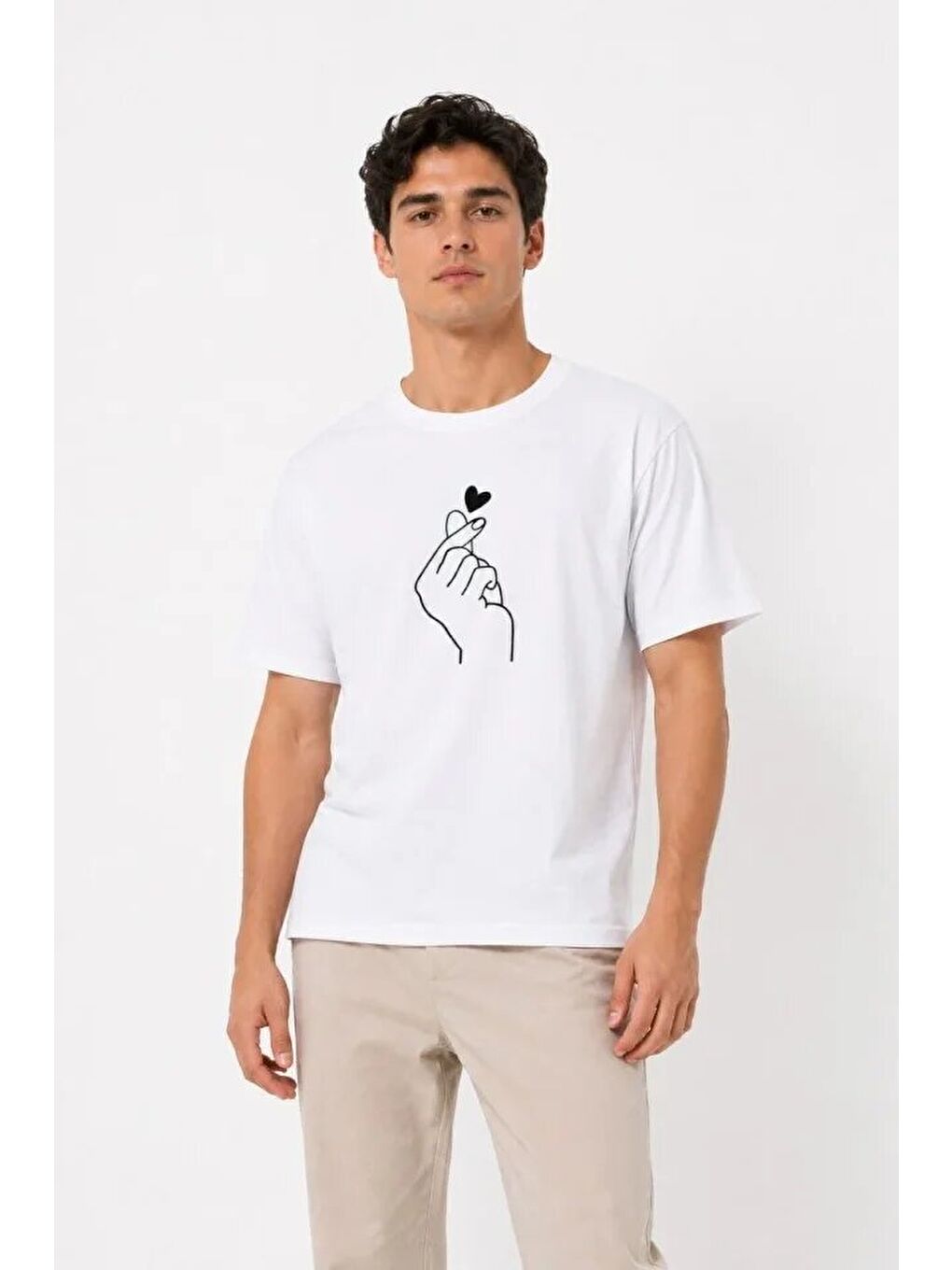 Erkek Kore Parmak Kalp Aşk Temalı Minimal Baskılı Tişört Yazlık Kısa Kol T-Shirt - Beyaz-1