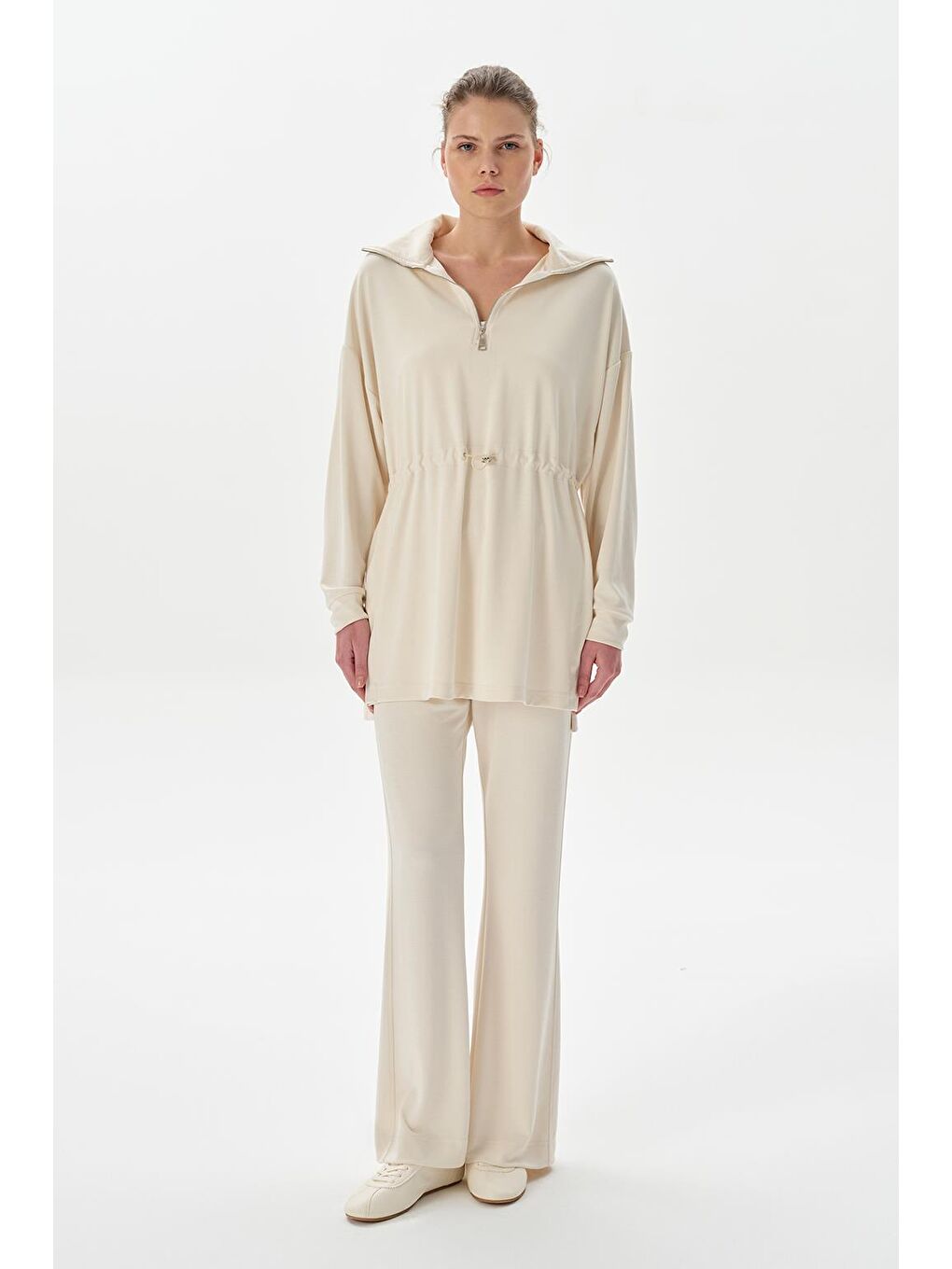 Modal Örme Fermuarlı Sweatshirt Ekru-1