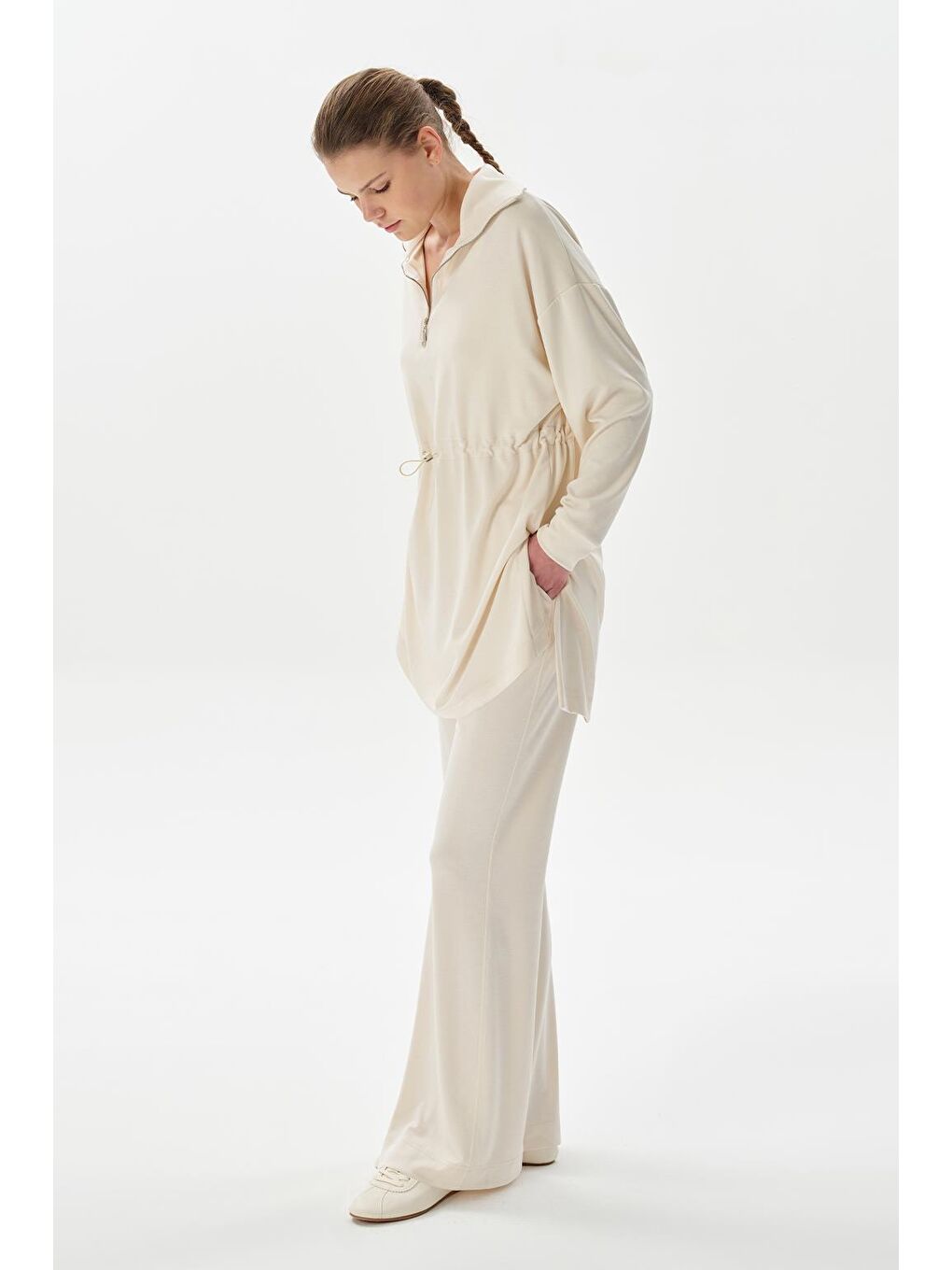 Modal Örme Fermuarlı Sweatshirt Ekru-2