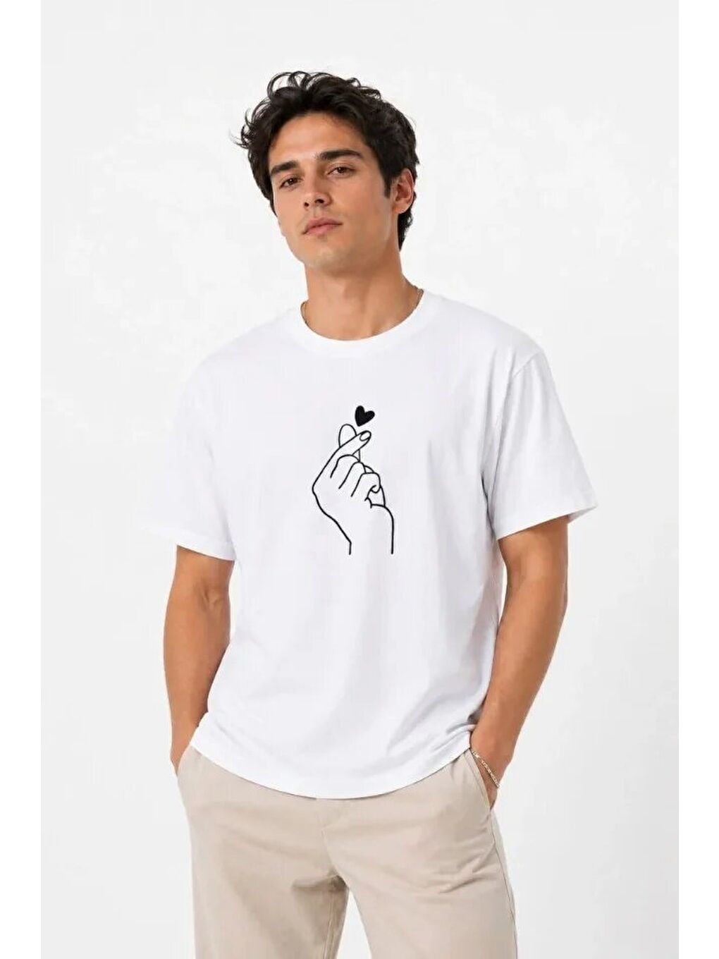 Erkek Kore Parmak Kalp Aşk Temalı Minimal Baskılı Tişört Yazlık Kısa Kol T-Shirt - Beyaz-2