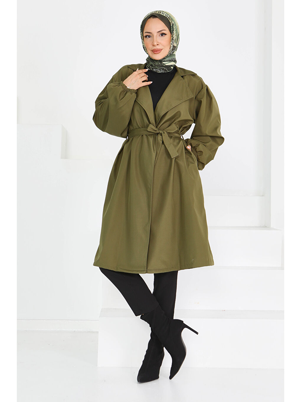 Kuşaklı Kolu Lastikli Miranda Trençkot Haki - 27603