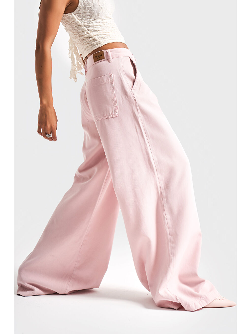 Kadın Pembe Renk 6s5 98 Palazzo Fit Bol Kesim Pileli  100 Pamuk Denim Jean