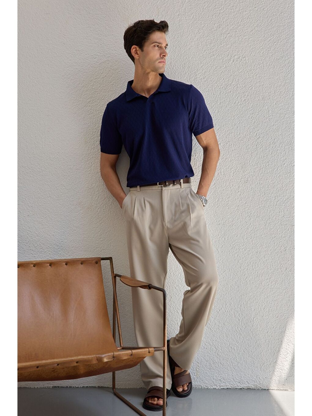 Lacivert Onor Erkek Kendinden Desenli Polo Yaka Triko Tişört Geniş Kalıp Hafif Doku-2