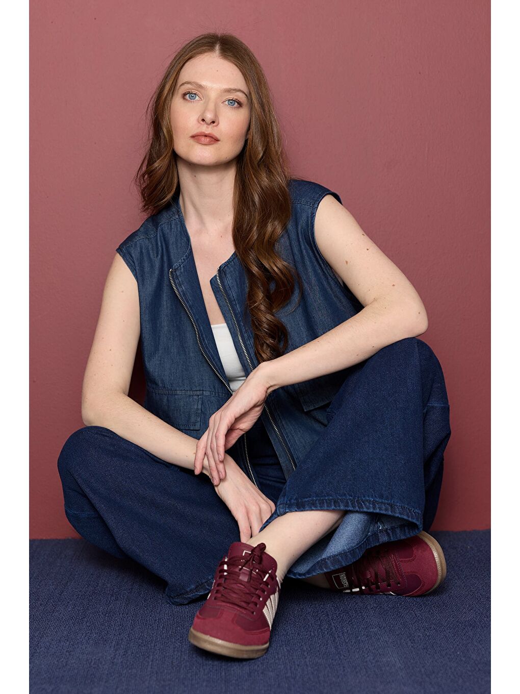 Lacivert Fermuarlı Pileli Cepli Jean Yelek-1