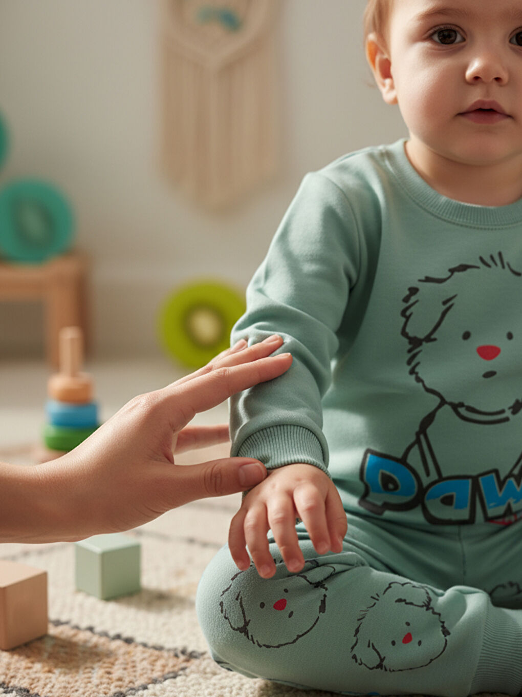 %100 Pamuklu Yeşil Köpekli Çocuk Pijama Takımı 1-6 Yaş-4