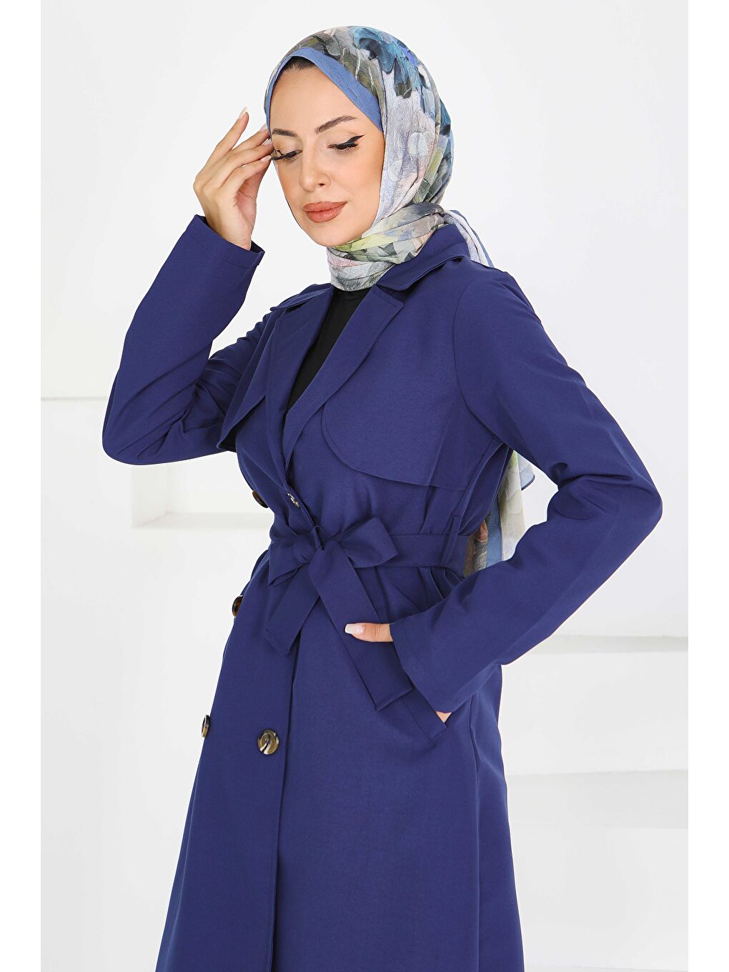 Düğmeli Kuşaklı Miranda Trençkot Lacivert - 27605-1