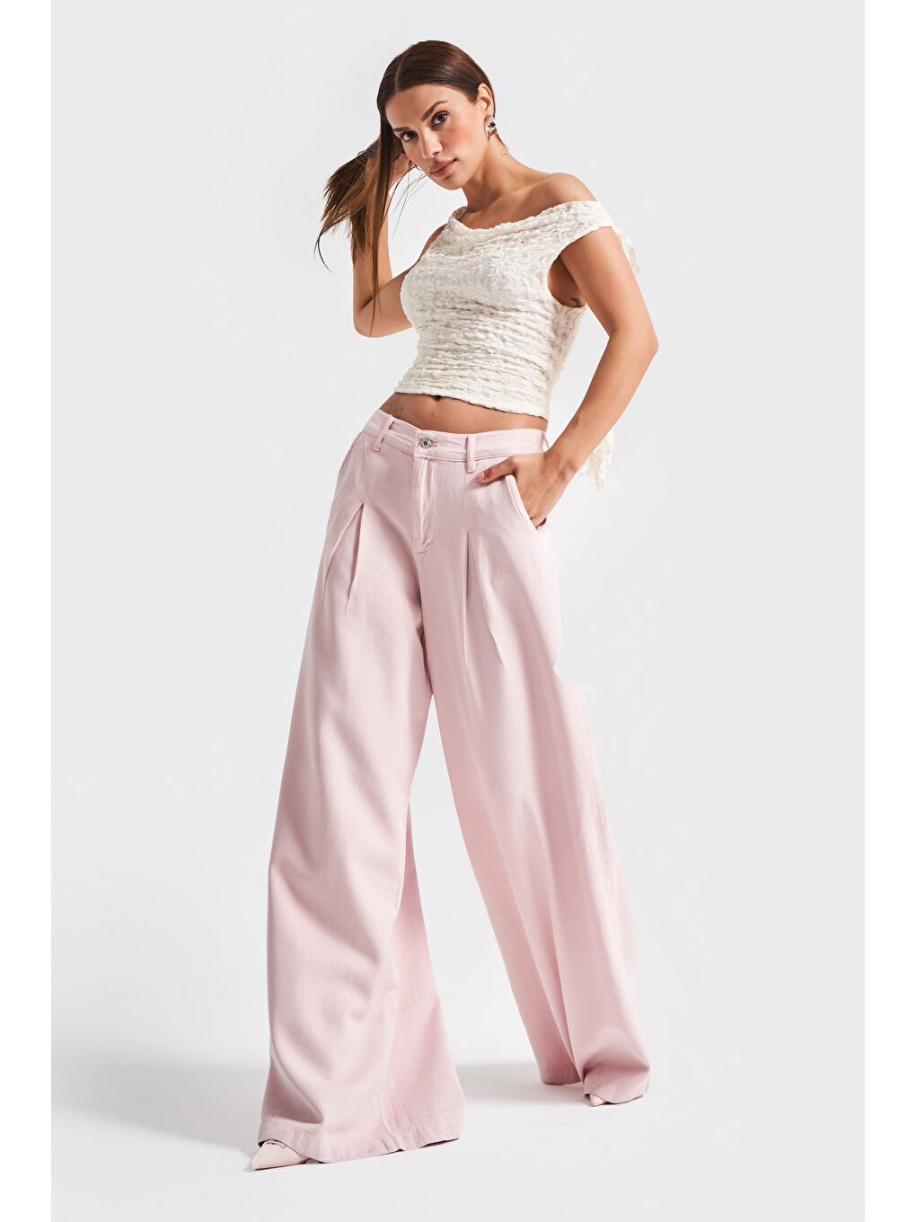 Kadın Pembe Renk 6s5 98 Palazzo Fit Bol Kesim Pileli  100 Pamuk Denim Jean-1